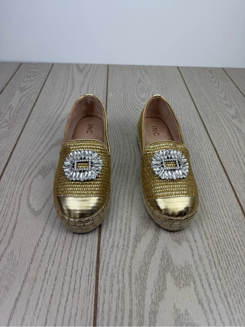 I.N.C. Women's Madilyn Slip-On Embellished Espadrille Flats 8M Gold Raffia $80